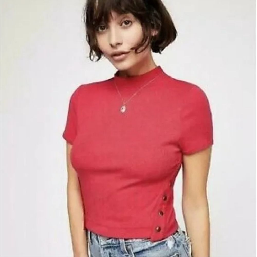 We The Free Red Ribbed Mockneck Top with Side Snaps Size XS